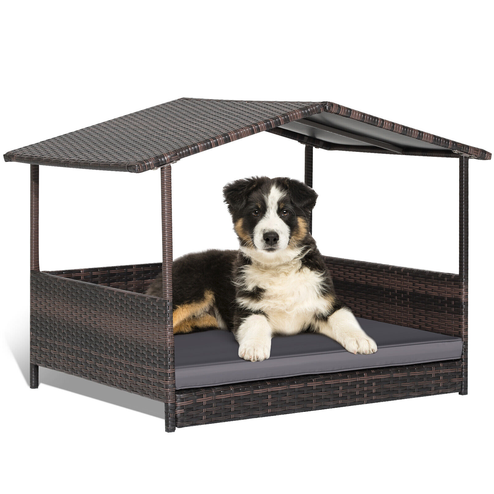 Great Choice Products Wicker Dog House W/ Cushion Lounge Raised Rattan Bed For Indoor/Outdoor Grey