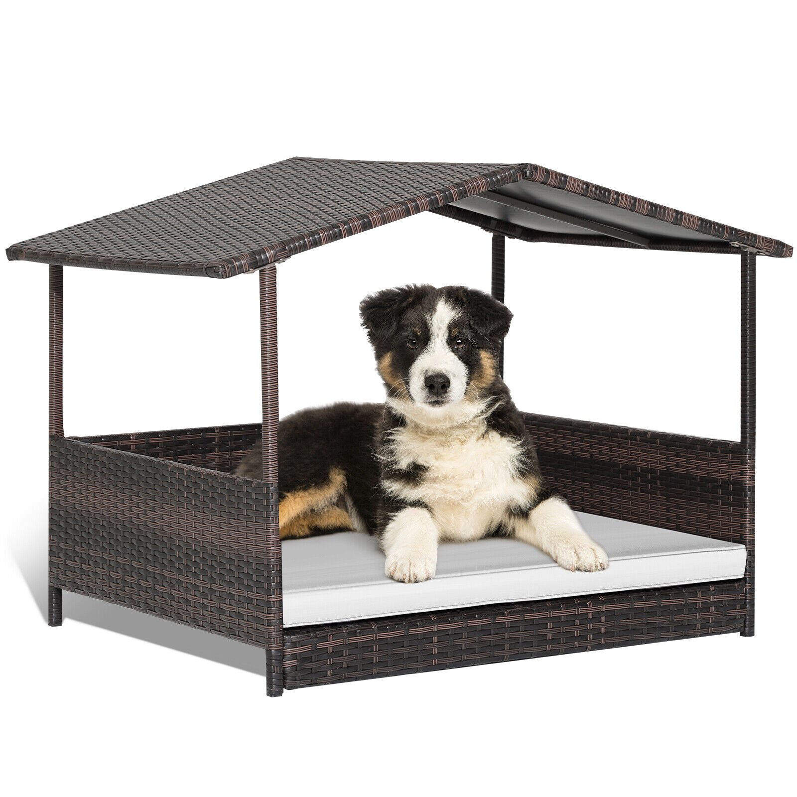 Great Choice Products Wicker Dog House W/ Cushion Lounge Raised Rattan Bed For Indoor/Outdoor White