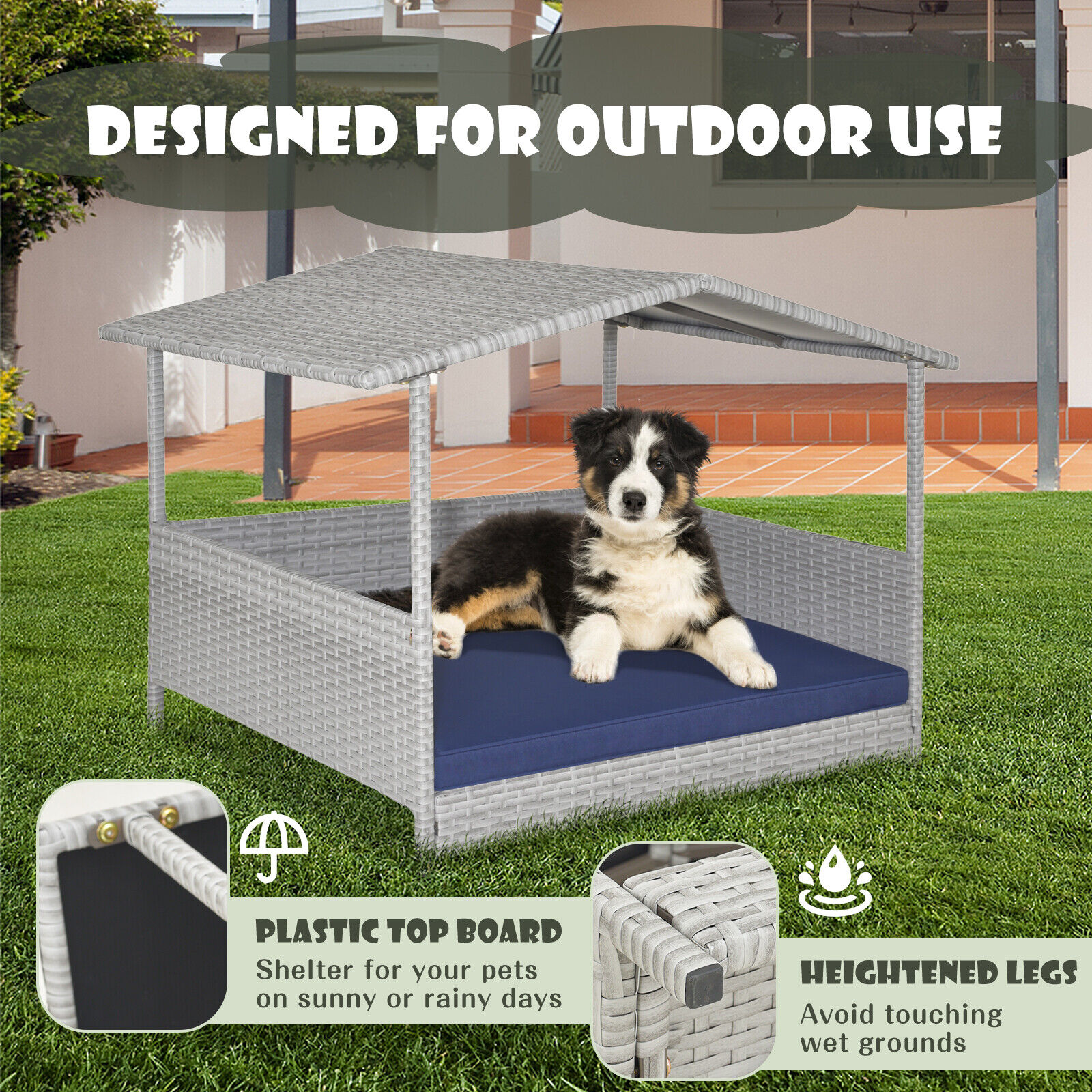 Great Choice Products Wicker Dog House Weather-Resistant Raised Rattan Pet Bed W/ Detachable Cushion