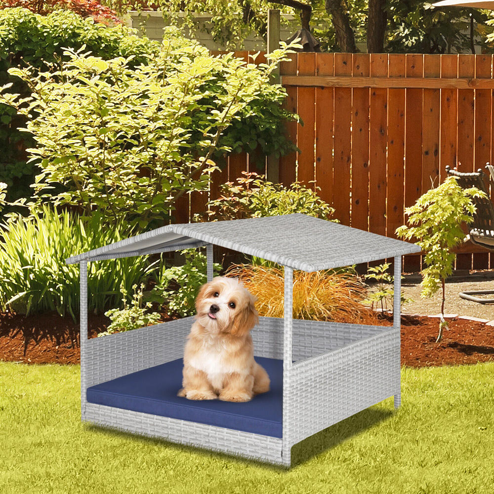 Great Choice Products Wicker Dog House Weather-Resistant Raised Rattan Pet Bed W/ Detachable Cushion