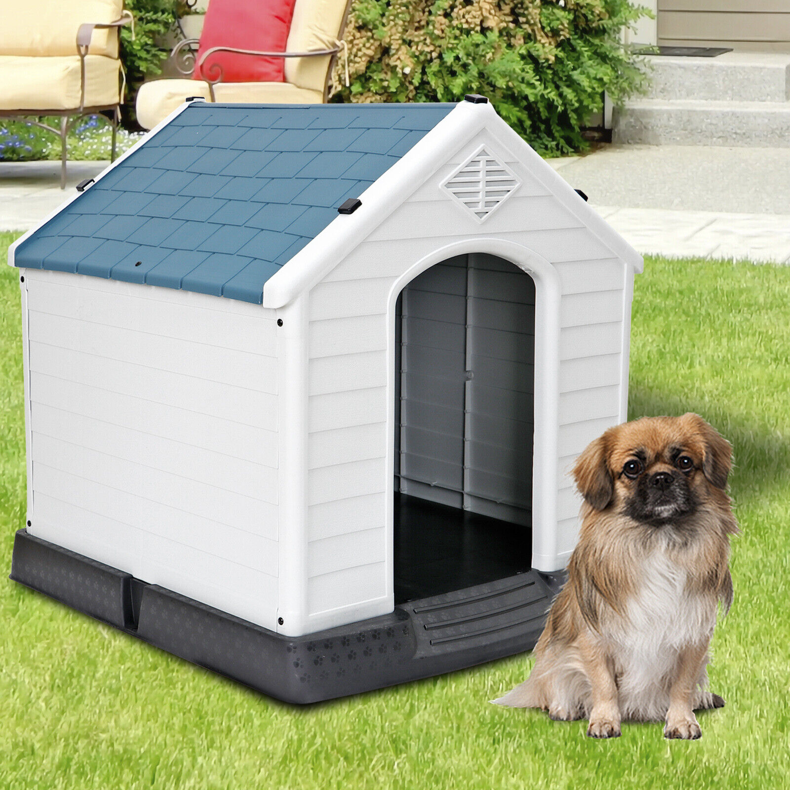 Great Choice Products Indoor Outdoor Dog Pet House Solid Plastic Frame With Slanted Roof, Blue White