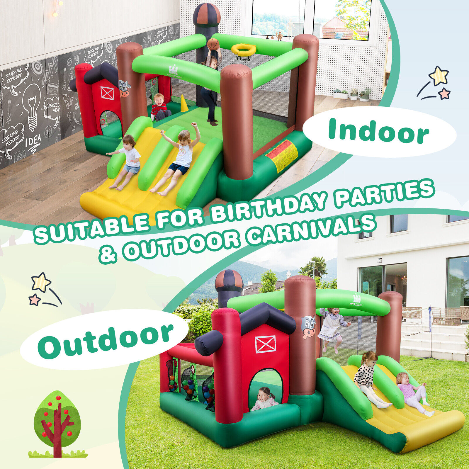 Great Choice Products Farm Themed Inflatable Castle Kids Bounce House W/ Double Slides & 735W Blower