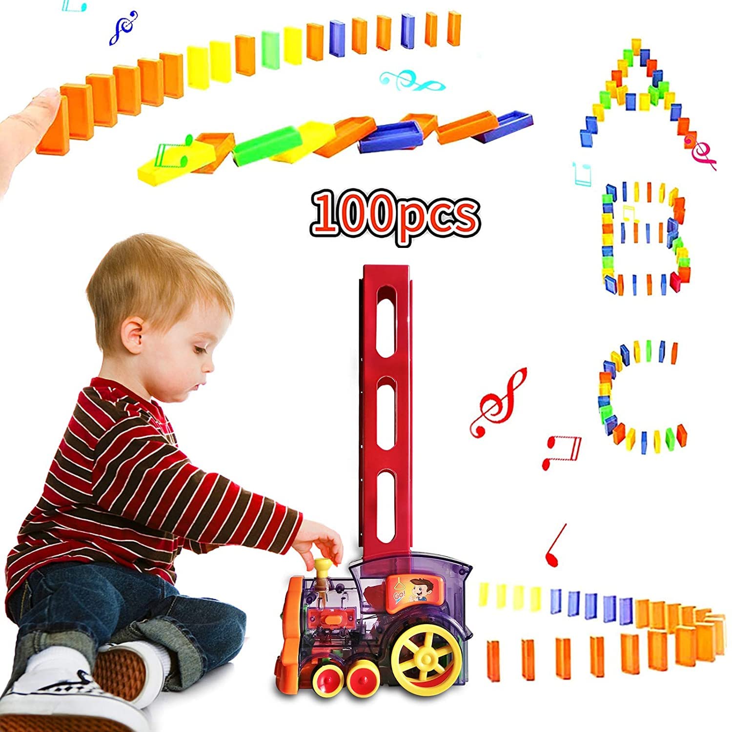 Great Choice Products 100Pcs Domino Train, Building Blocks Toys For Kids Ages 3-12, Domino Rally Electric Train Set With Family, Automatic Dom…