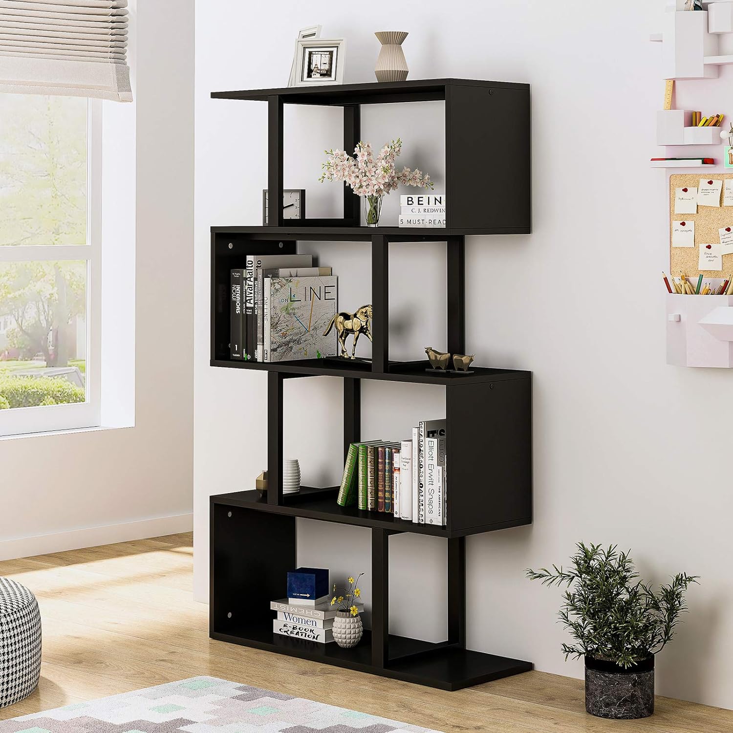 Great Choice Products 5 Tiers Bookshelf, Modern S-Shaped Z-Shelf Style Bookshelves, Multifunctional Geometric Bookcase Storage Display Shelf F…