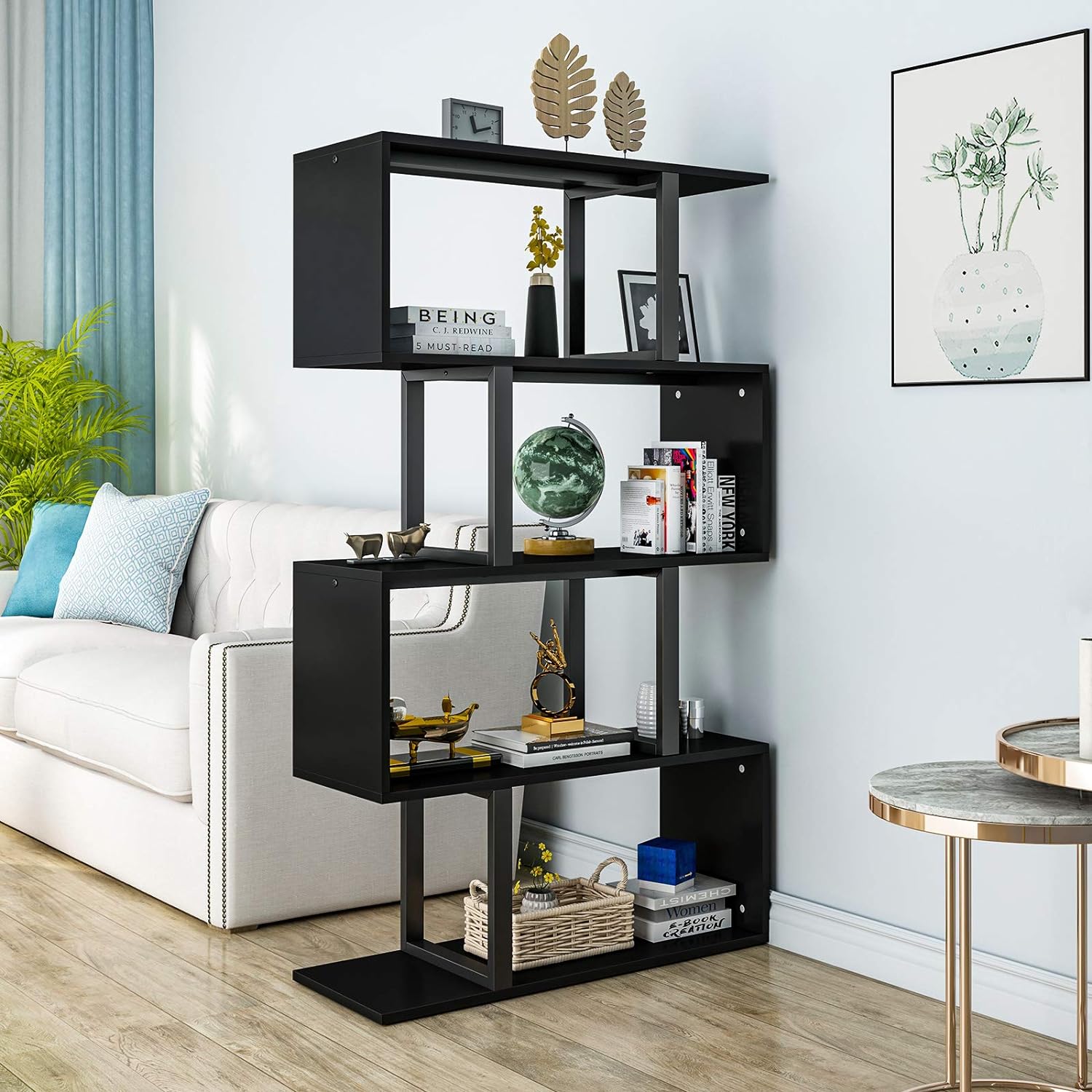 Great Choice Products 5 Tiers Bookshelf, Modern S-Shaped Z-Shelf Style Bookshelves, Multifunctional Geometric Bookcase Storage Display Shelf F…