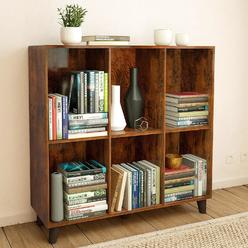 Great Choice Products 6 Cube Bookshelf,Midcentury Modern Horizontal Long Bookcase With Wood Legs,Vintage 2-Tier Storage Shelf Organizer,Rustic…