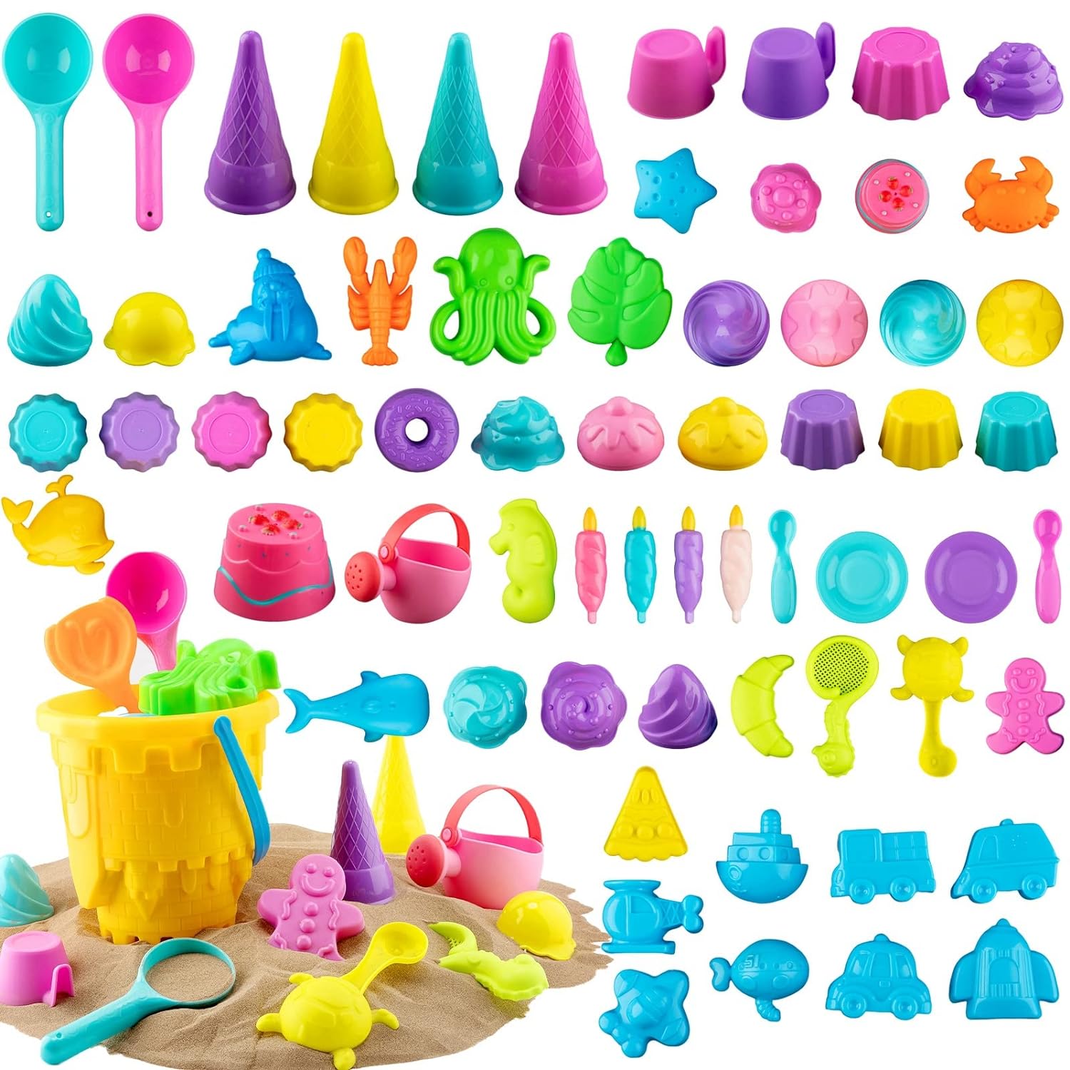 Great Choice Products 62 Pcs Kids Beach Toys Ice Cream Sand Beach Toys Set For Kids Sand Essentials Bucket And Shovels Set With Mesh Bag Castl…