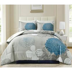 Great Choice Products 7 Pieces Bed In A Bag King Comforter Set Blue Floral Comforter Sets Soft Microfiber Flowers Bedding Set (1 Comforter 1 F…
