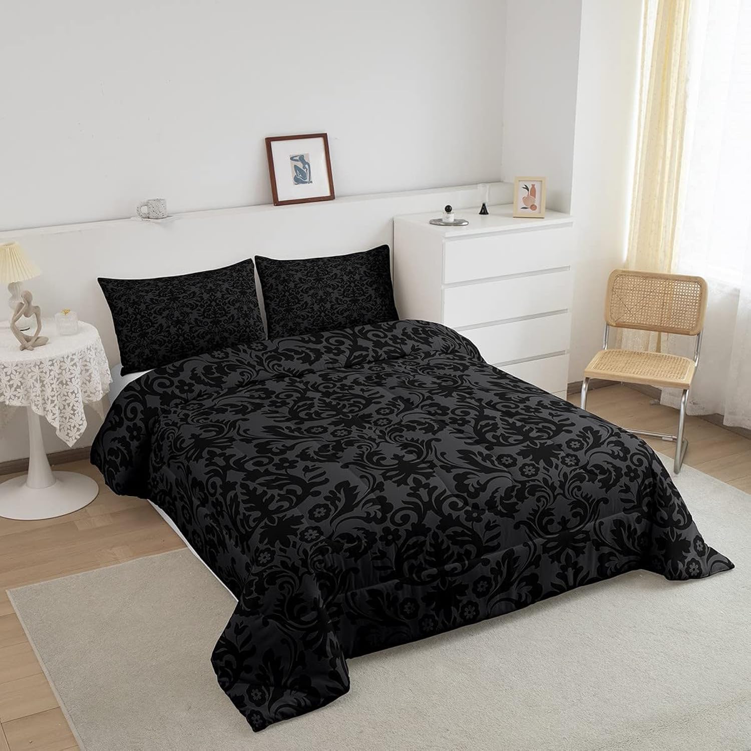 Great Choice Products Adults Black Damask Bedding Set Antique Victorian Baroque Down Comforter Queen Gothic Vintage Floral Comforter Set Bohem…