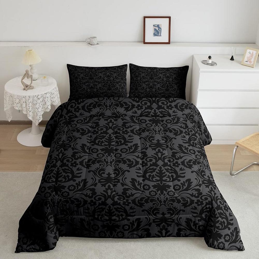 Great Choice Products Adults Black Damask Bedding Set Antique Victorian Baroque Down Comforter Queen Gothic Vintage Floral Comforter Set Bohem…