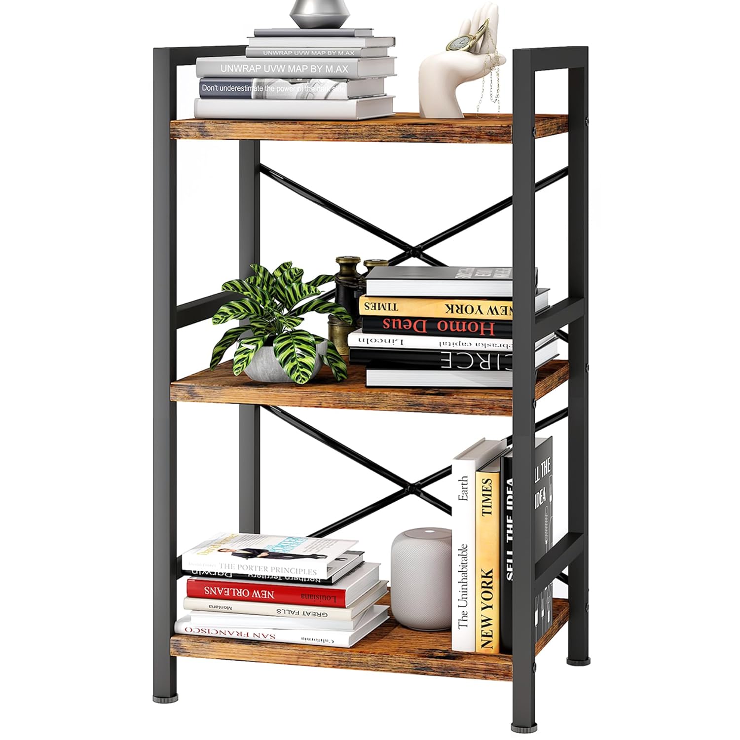 Great Choice Products Bookshelf, 3 Tier Industrial Bookcase, Metal Small Bookcase, Rustic Etagere Book Shelf Storage Organizer For Living Room…