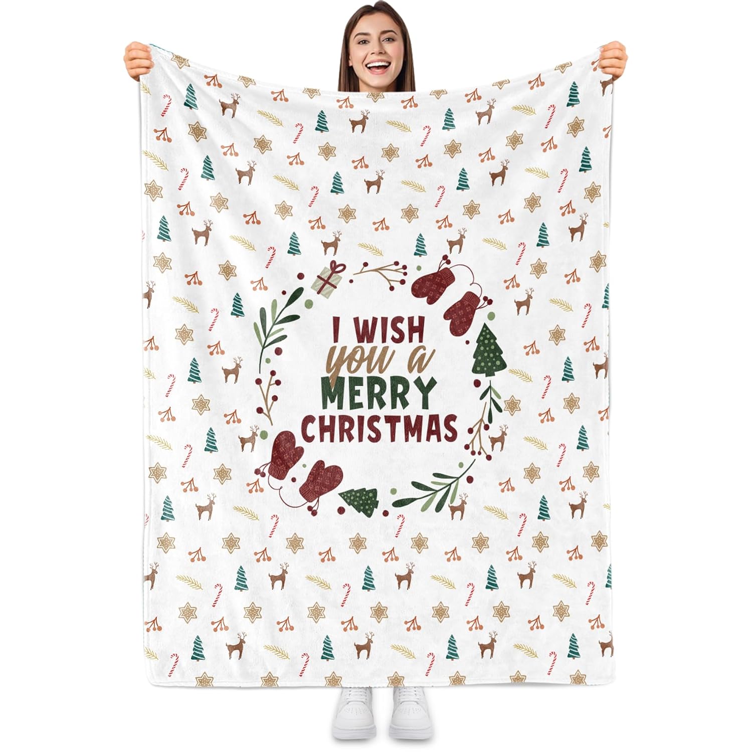 Great Choice Products Christmas Blanket, White Christmas Throw Blanket, Wish A Merry Christmas Flannel Blanket With Reindeer Candy Cane Xmas T…