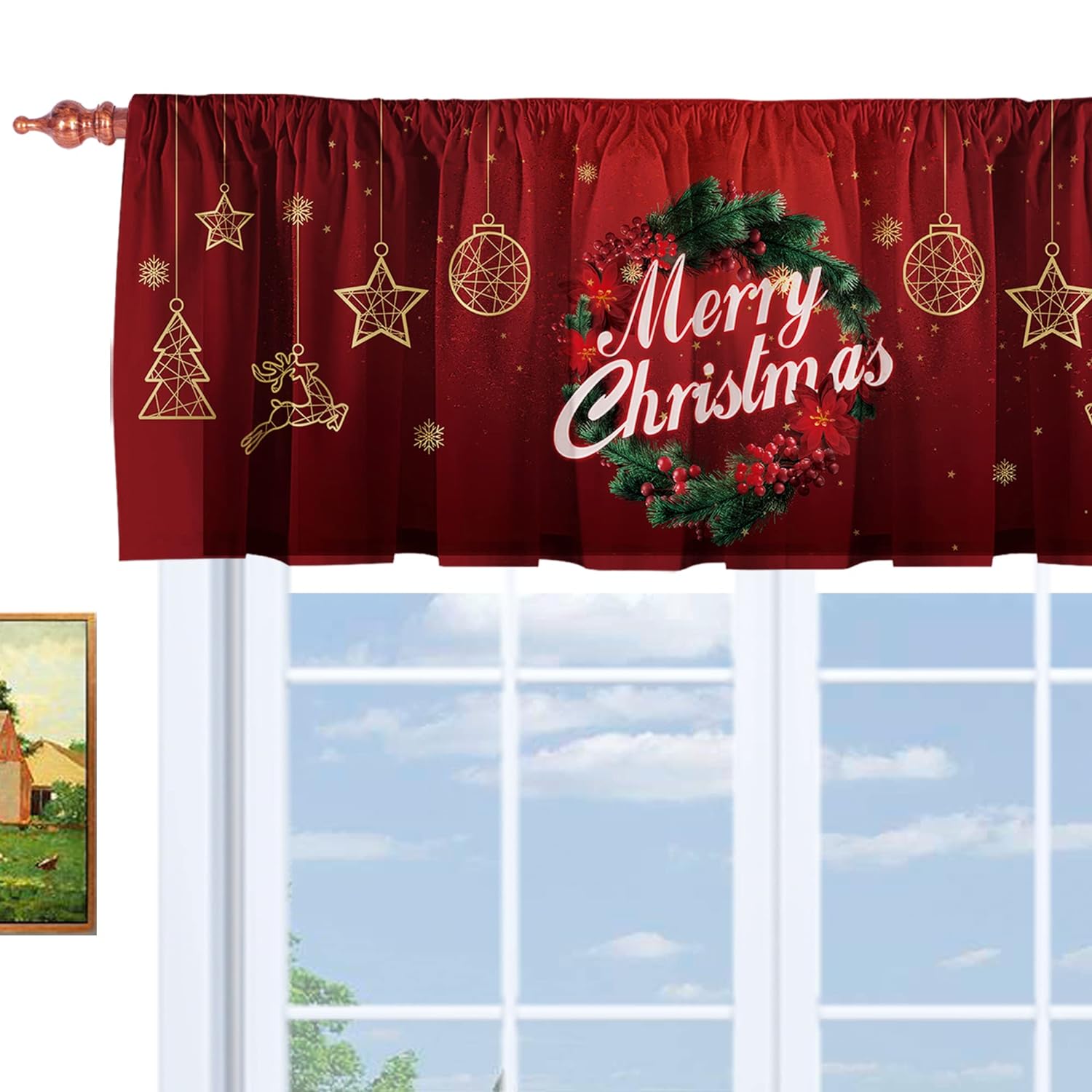 Great Choice Products Christmas Holly Wreath Kitchen Curtain Valance 52X18Inch With Rod Pocket Half Short Red Ornaments Star Deer Laundry Cuta…