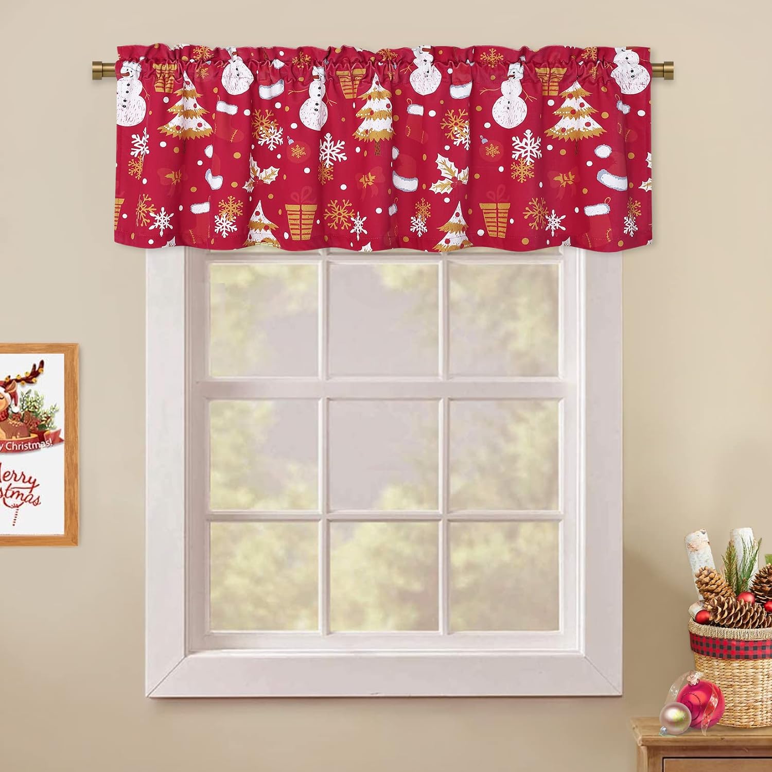 Great Choice Products Christmas Kitchen Velvet Valance Curtain For Home Decoration Snowman Cafe Curtains Rod Pocket Red Panels Winter Falling …