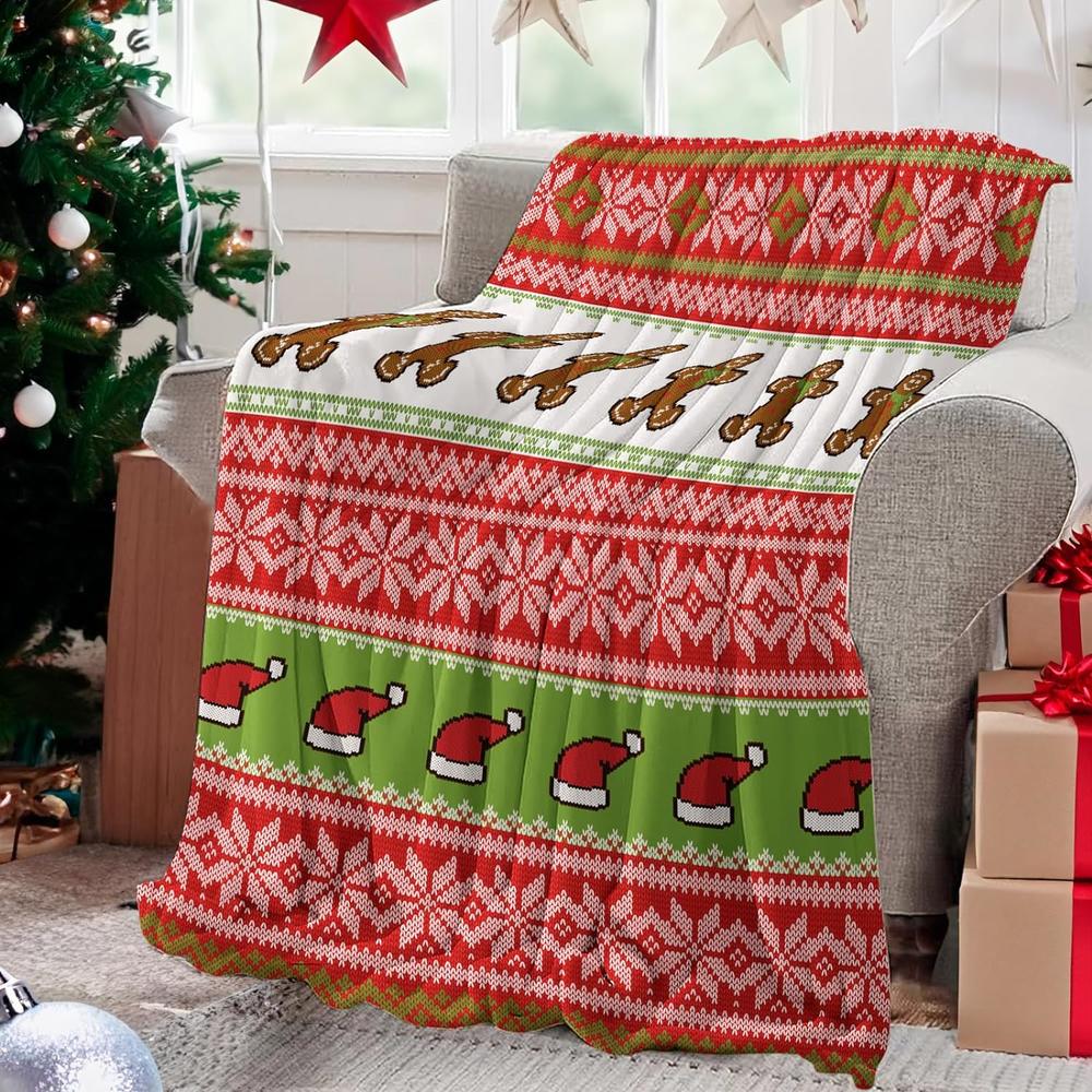 Great Choice Products Christmas Throw Blanket For Couch, Red Green Warm Xmas Fleece Plush Blanket With Knitting Stripe Pattern, Cozy Gingerbre…