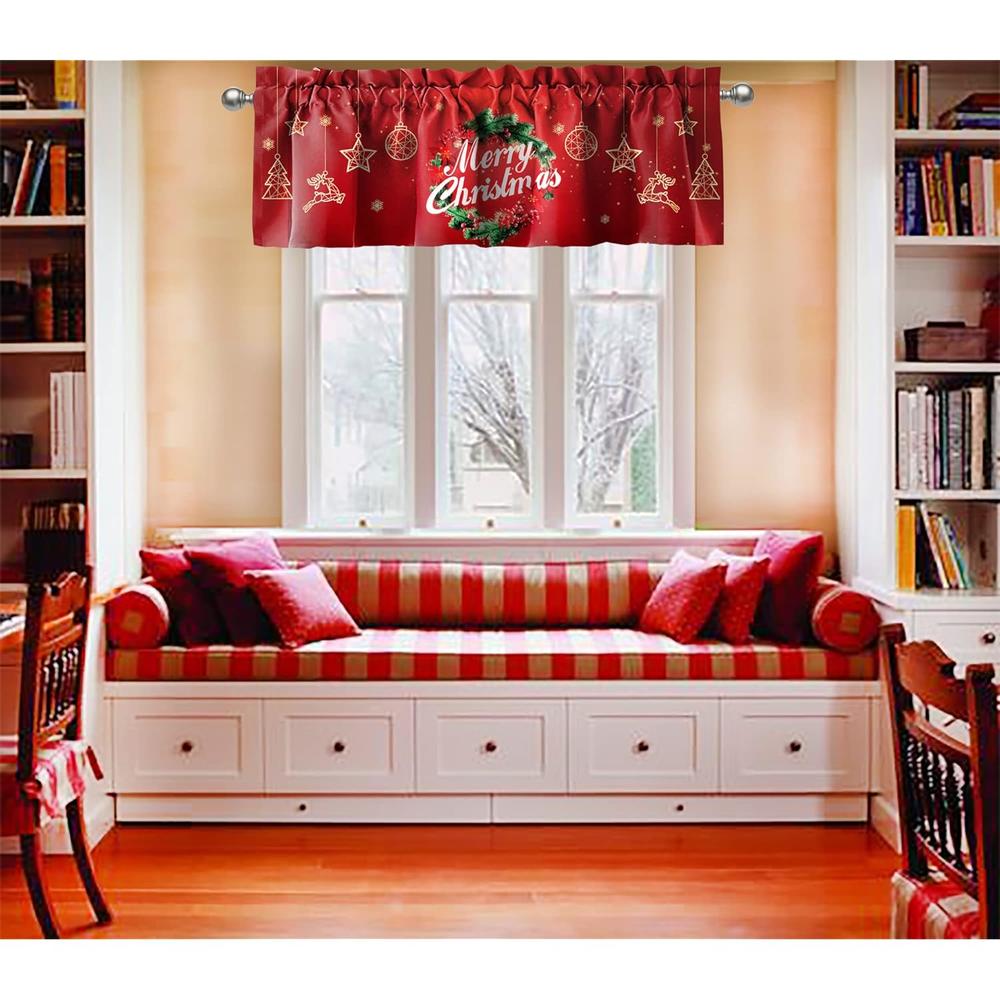 Great Choice Products Christmas Wreath Red Windows Valances Christmas Star Deer Ornament Kitchen Short Curtain Valances With Rod Pocket Merry …