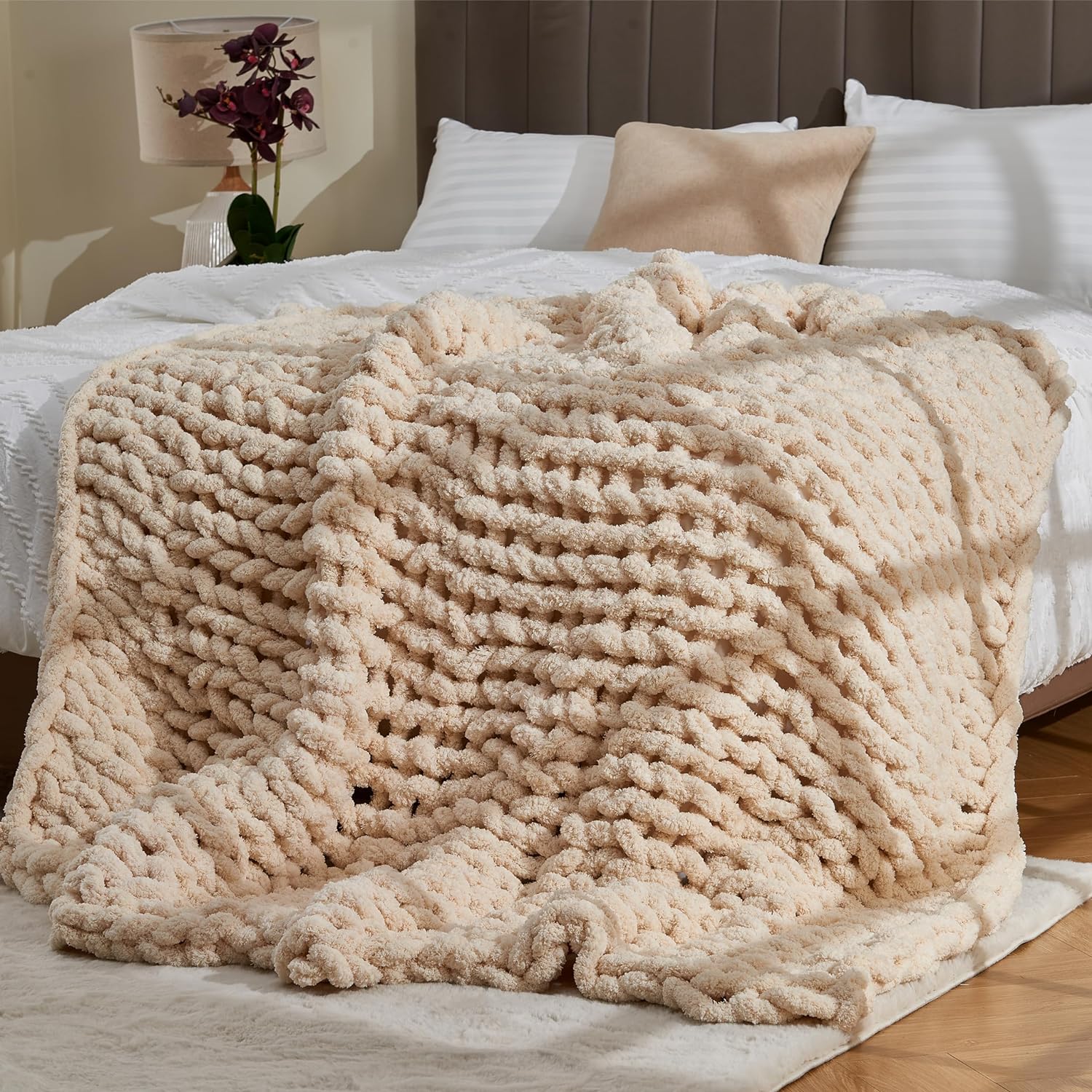 Great Choice Products Chunky Knit Soft Throw Blanket - Cream - Chunky Chenille Cable Knitted Fluffy & Warm Chunky Throw Blanket With Woven Bag…