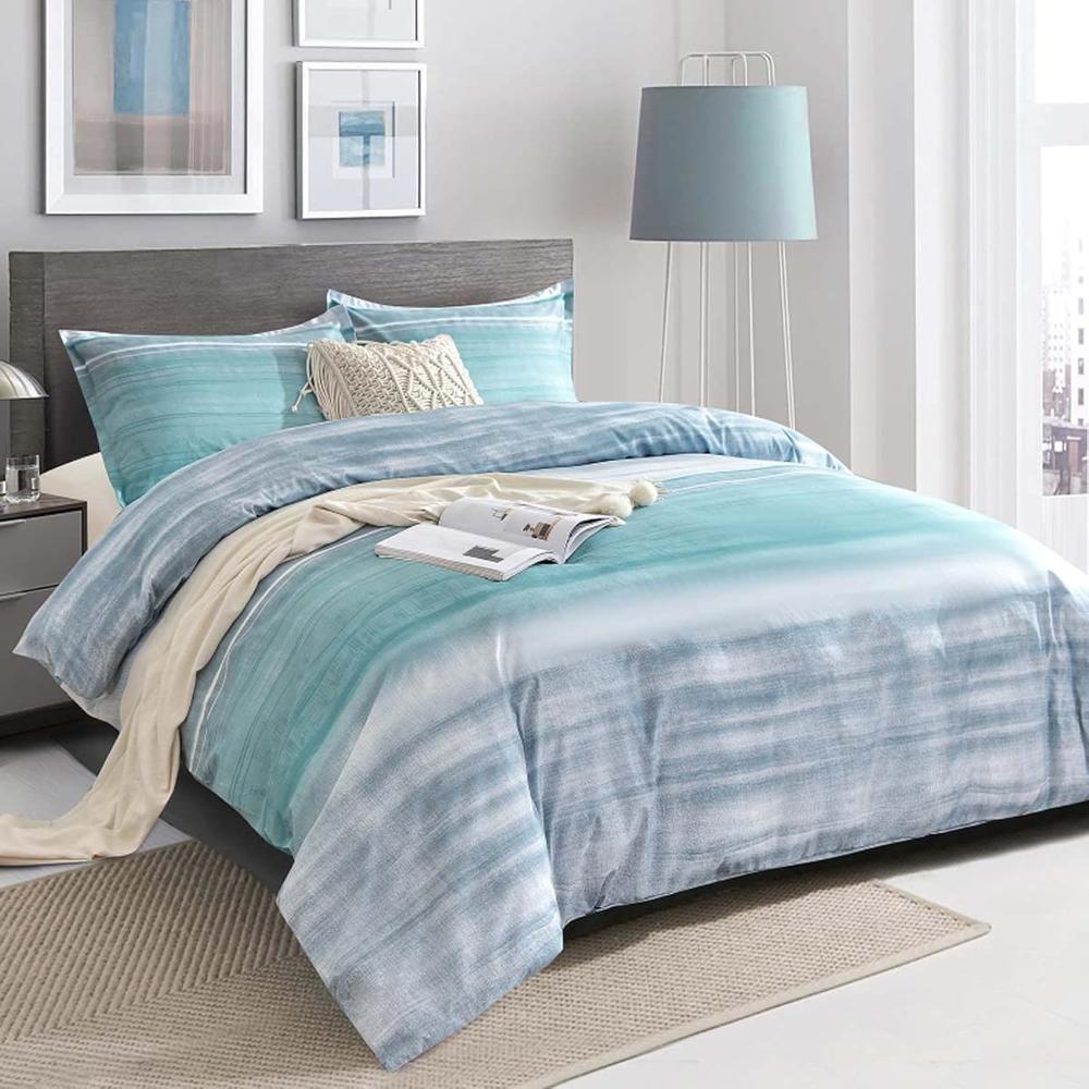 Great Choice Products Comforter Set Queen Size, 3Pc Teal Grey And Blue Gradient Striped Pattern Bedding Set - Modern Soft & Lightweight All Se…