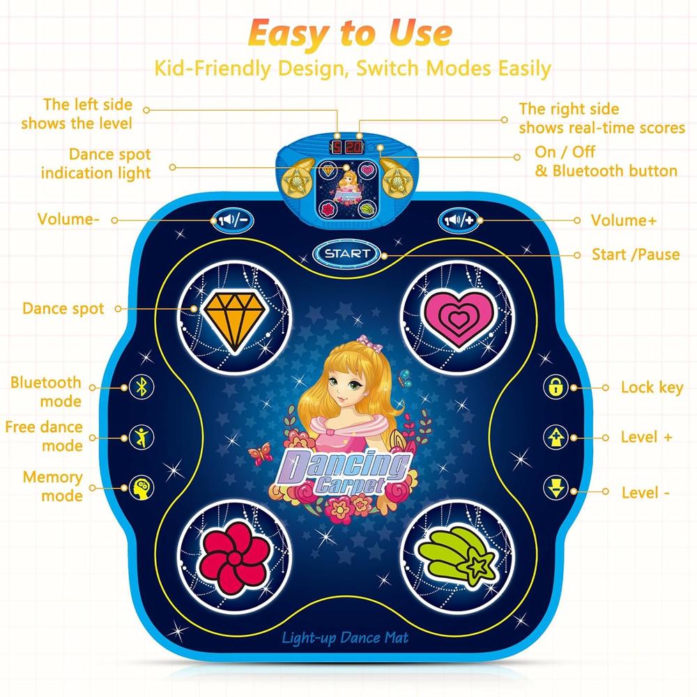 Great Choice Products Dance Mat For Kids 3-12 Year Old Girls, Electronic Light Up Dance Mats Toys Gifts With Bluetooth 9 Levels Game, Dance Pa…