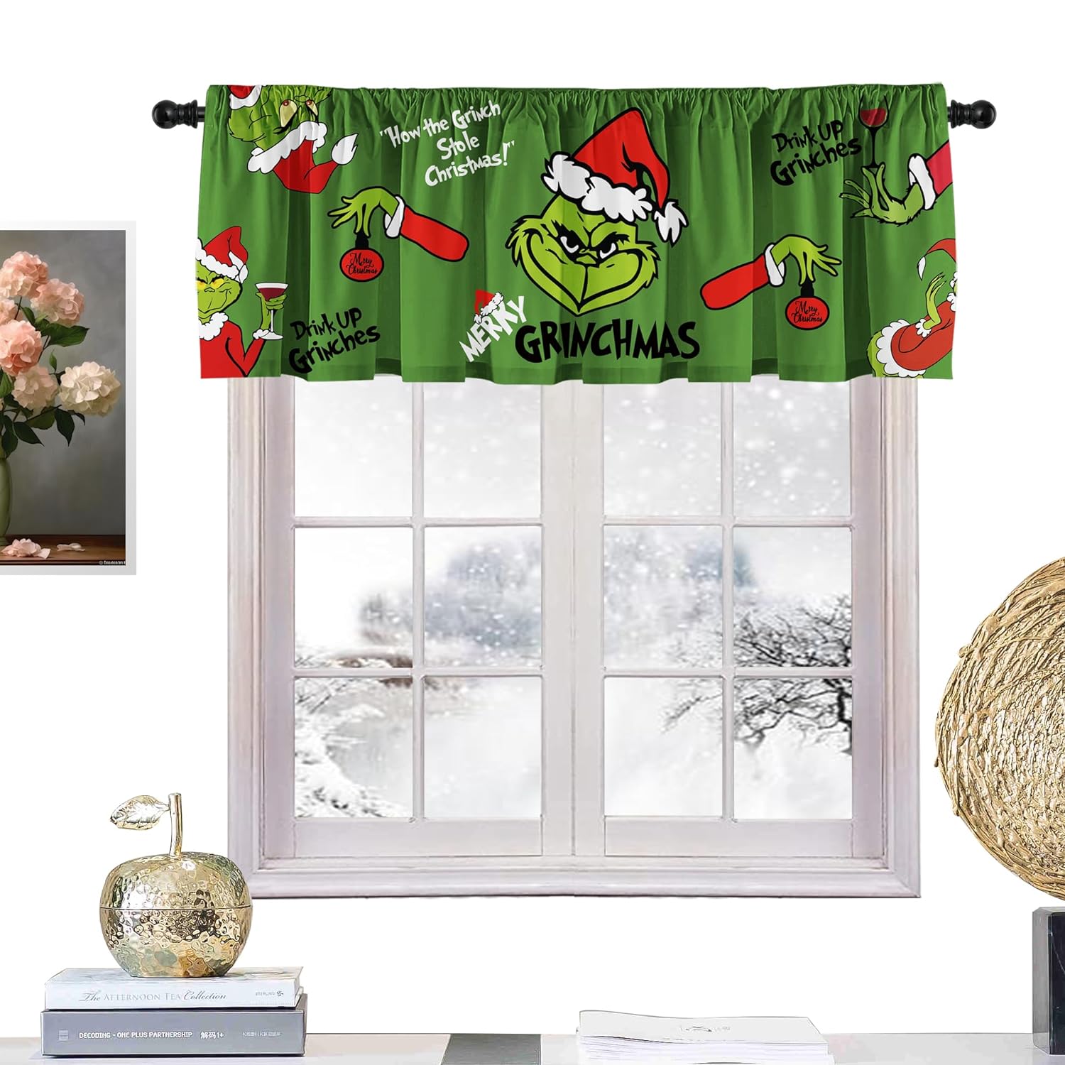 Great Choice Products Festive Green Xmas Window Valances The Stole Christmas Holiday Kitchen Curtain Valances - Short Curtains For Bathroom An?