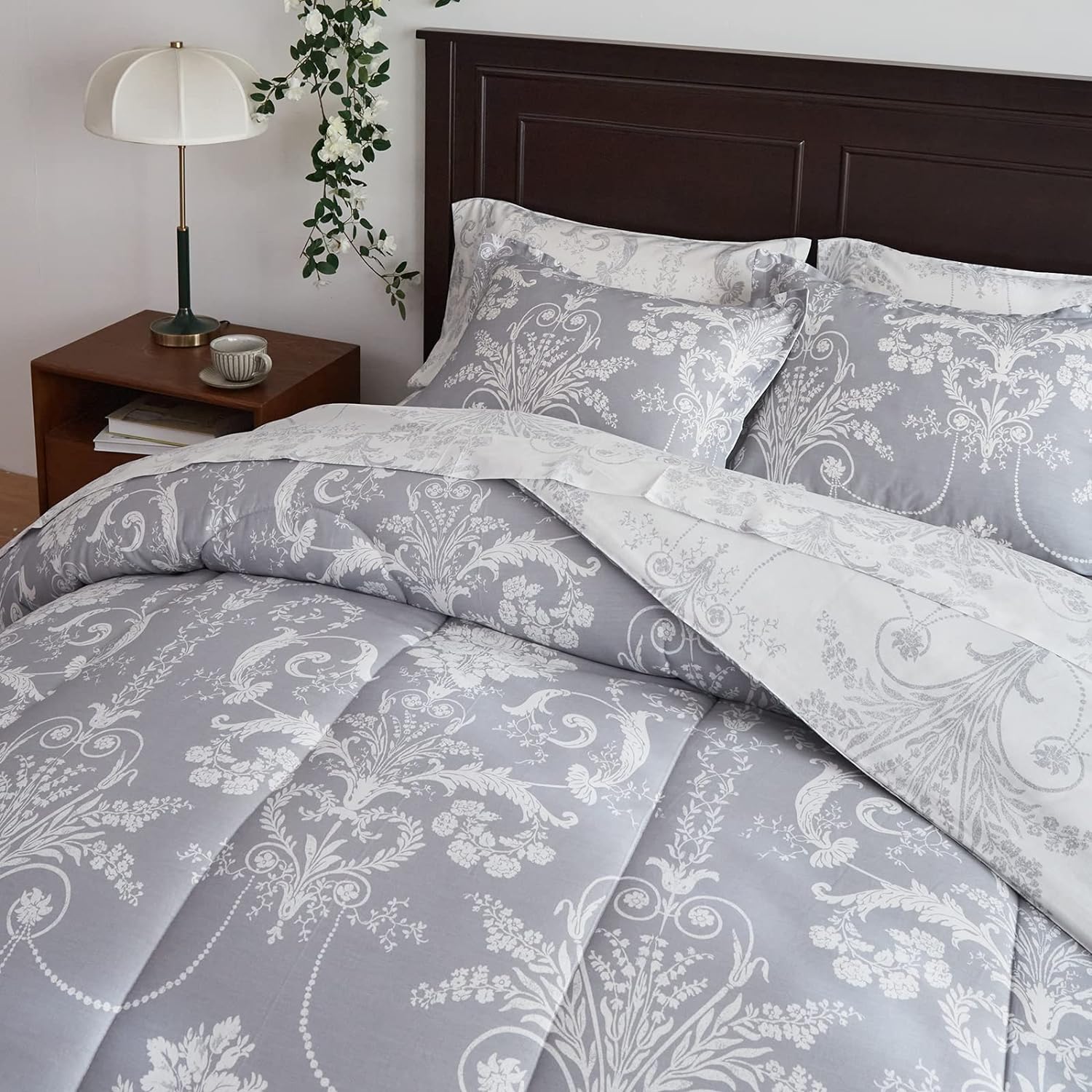 Great Choice Products Gray Cotton Bed In A Bag 7 Pieces Queen Size Floral Comforter Sheet Set White Flowers Leaves Bedding Set (1 Comforter 2 …