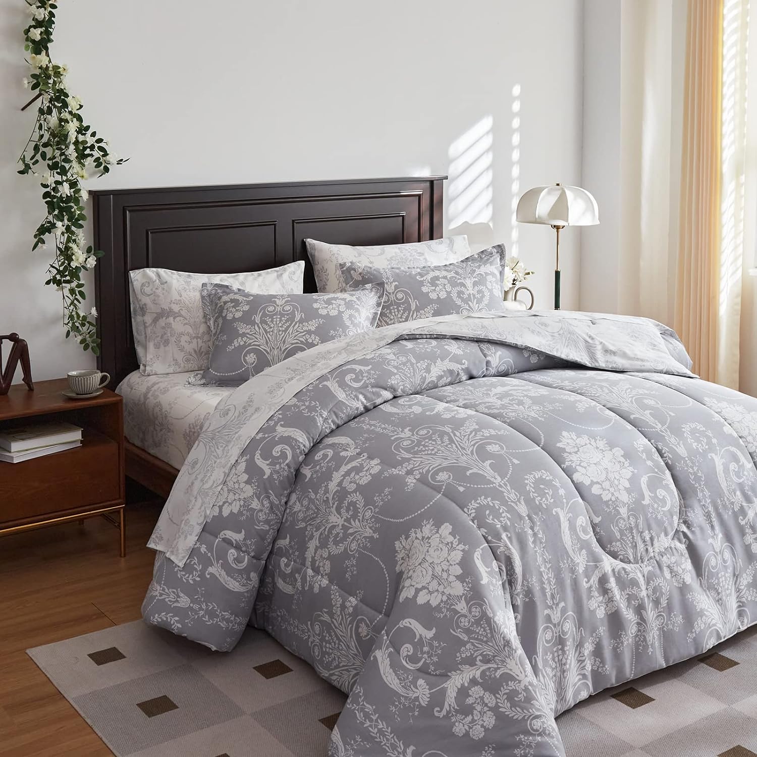 Great Choice Products Gray Cotton Bed In A Bag 7 Pieces Queen Size Floral Comforter Sheet Set White Flowers Leaves Bedding Set (1 Comforter 2 …