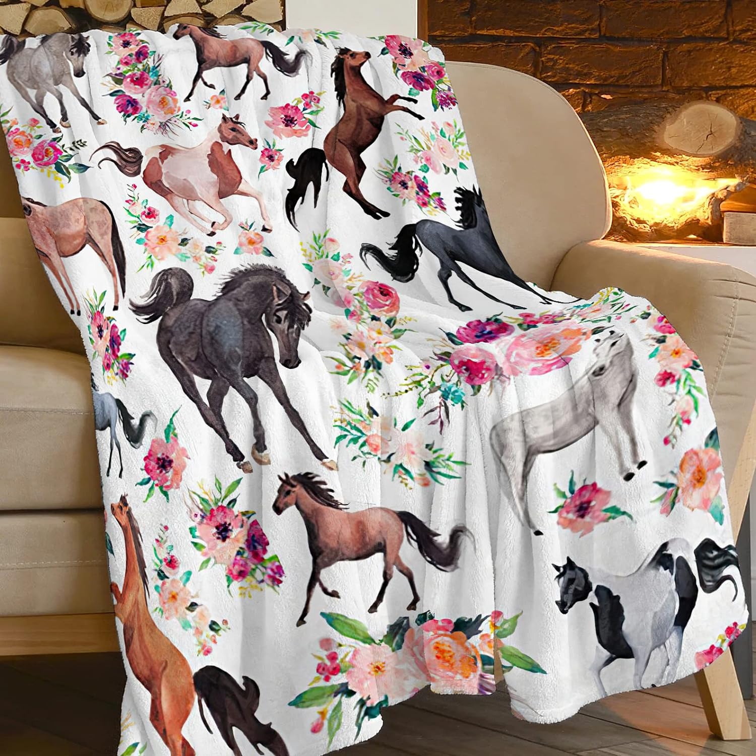 Great Choice Products Horse Blanket For Girls Beautiful Horse With Wreath Throw Blanket, Ultra Soft Warm Fleece Blanket For Couch Bedding Livi…