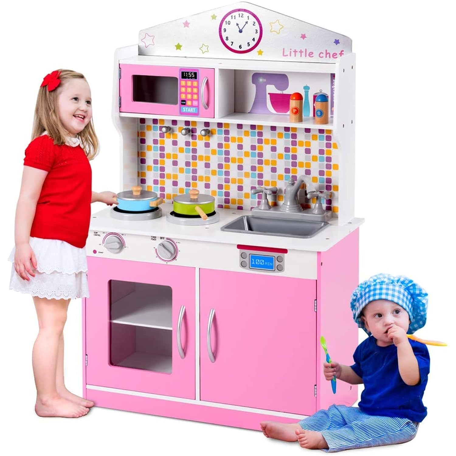 Great Choice Products Kids Kitchen Playset, Wooden Toy Kitchen W/ Removable Sink, Microwave, Cookware, Large Storage Cabinet, Pretend Play Kit…