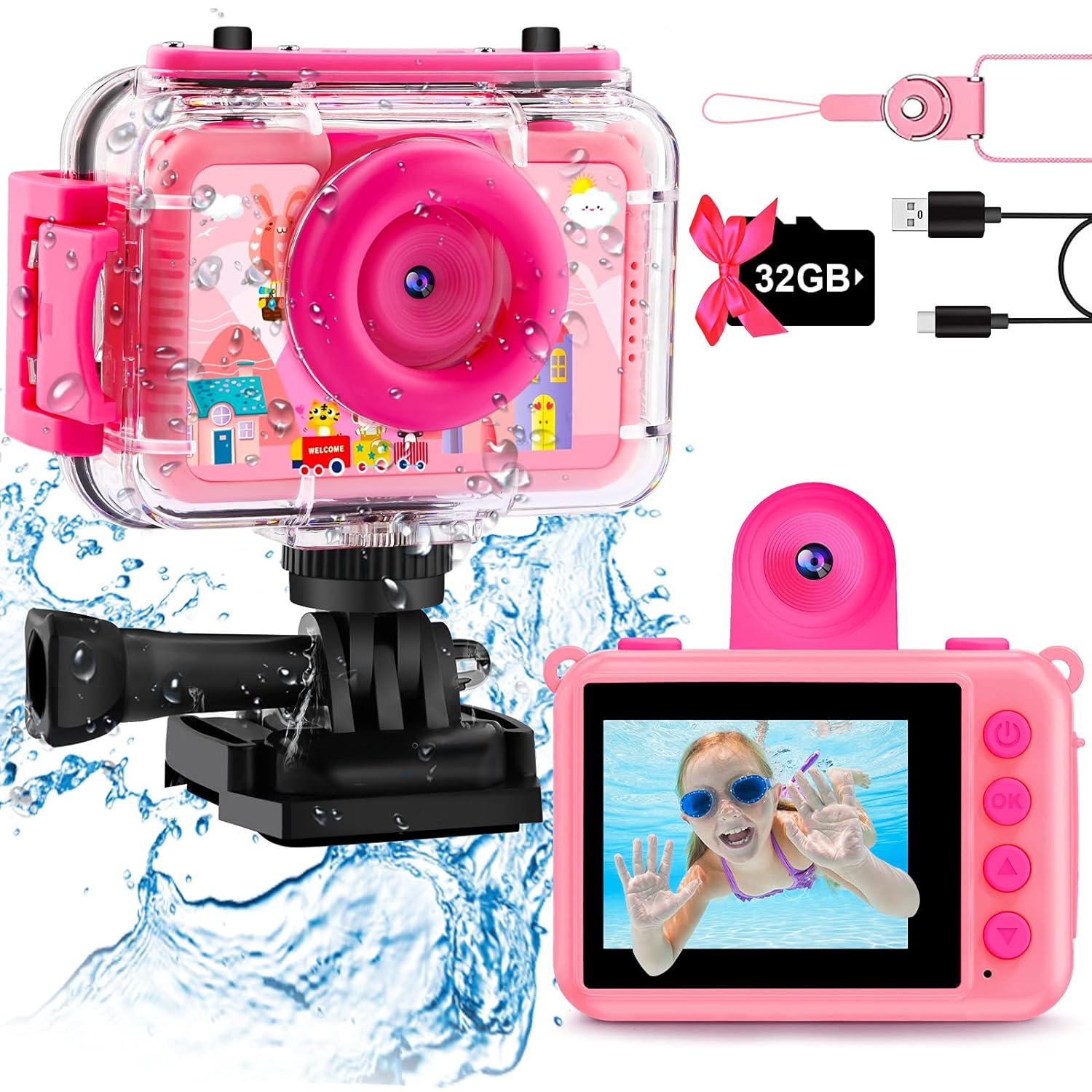 Great Choice Products Kids Waterproof Camera - 180 Rotatable 1080P Hd Children Digital Action Camera Underwater Camera With 32Gb Sd Card, Birt…