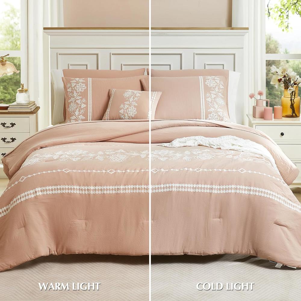 Great Choice Products Maireve Blush Pink Comforter Set Queen 7 Piece With Deco Pillow, Farmhouse Floral Embroidery Comforter Set Queen Size, A…