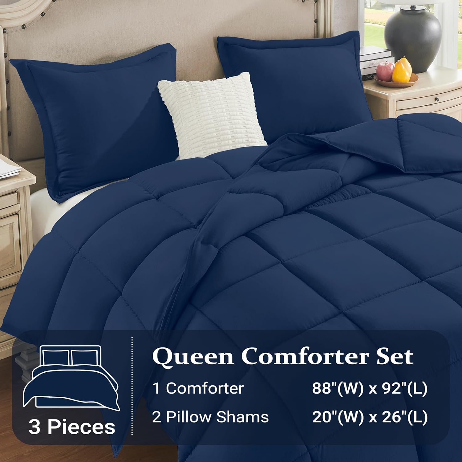 Great Choice Products Navy Queen Size Comforter Set - 3 Pieces Down Alternative Bed Comforter Queen Sets - Navy Queen Comforter (88"X92") With…