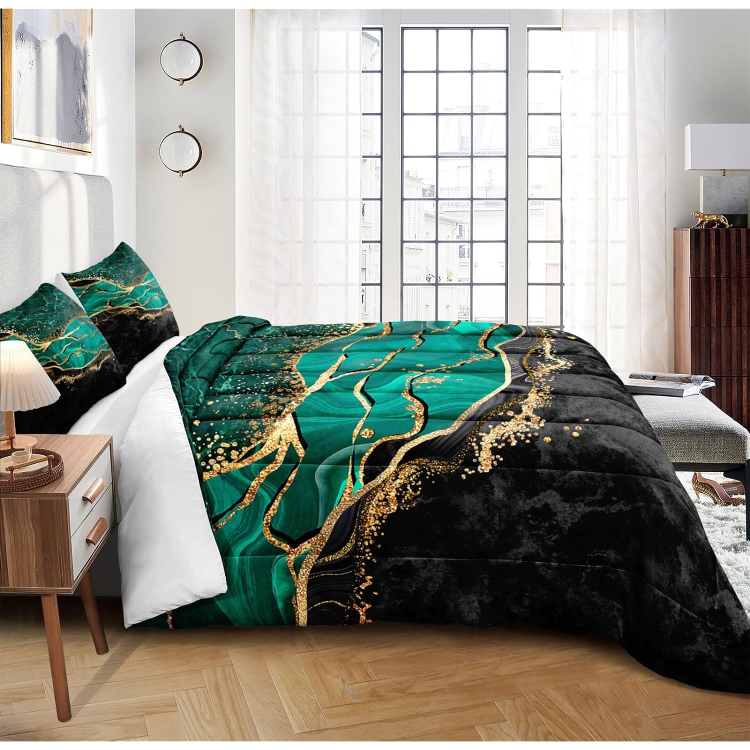 Great Choice Products Queen Comforter Set Emerald Green, Marble Bedding Comforter Set, Metallic Foil Print Black Gold Bedding Dark Green Abstr…