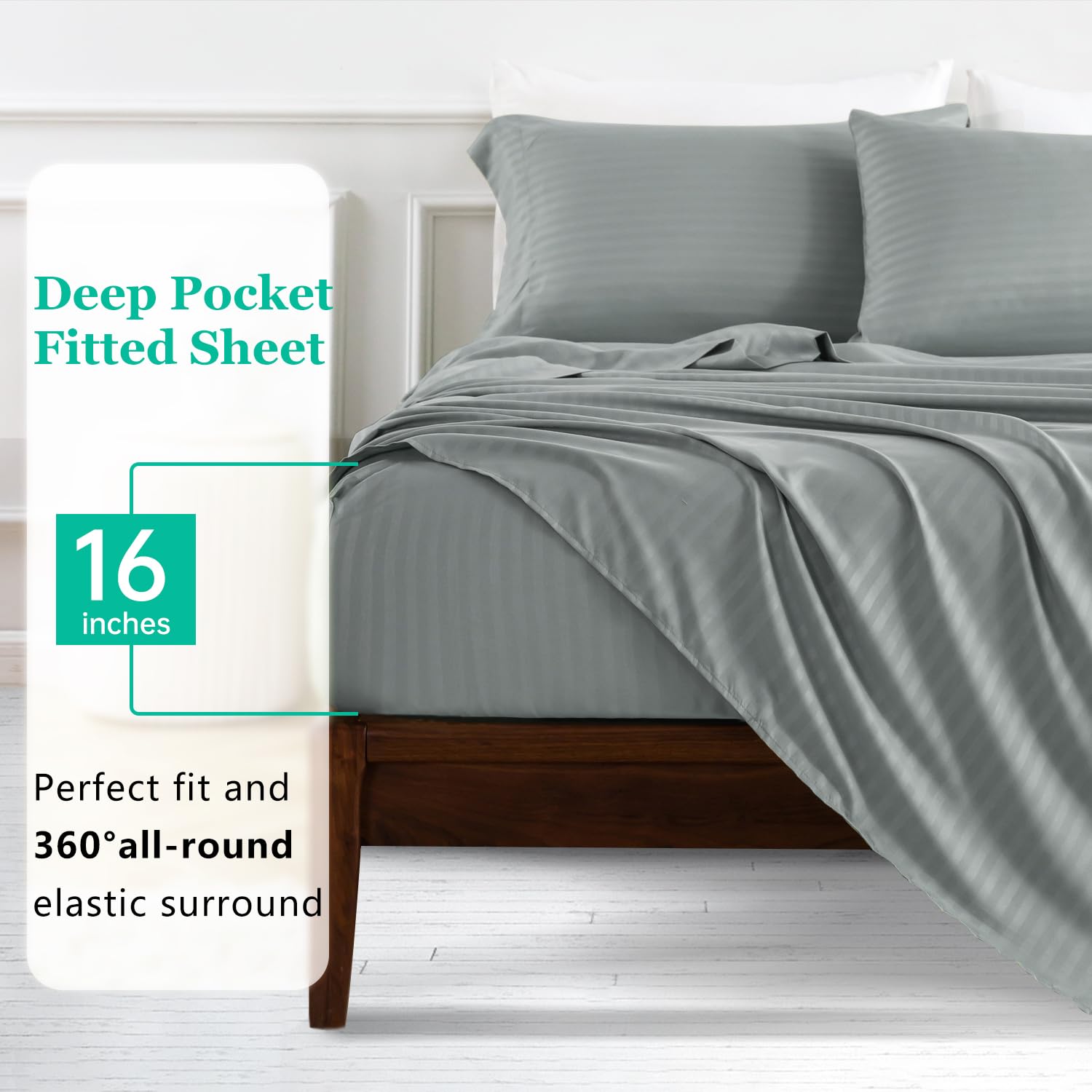 Great Choice Products Queen Size Bed Sheets, 100% Microfiber Striped Sheets Set Queen Luxury Hotel Soft Cooling Sheets, 16" Deep Pocket Sheets
