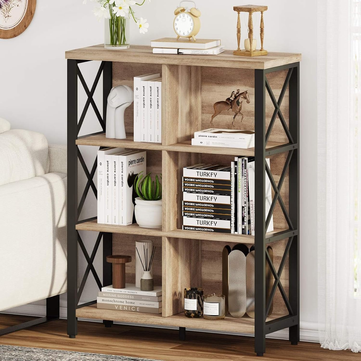 Great Choice Products Rustic 6 Cube Storage Organizer Shelf, Wood And Metal Cubby Bookcase, Industrial 3 Tier Cube Bookshelf (Rustic Oak)