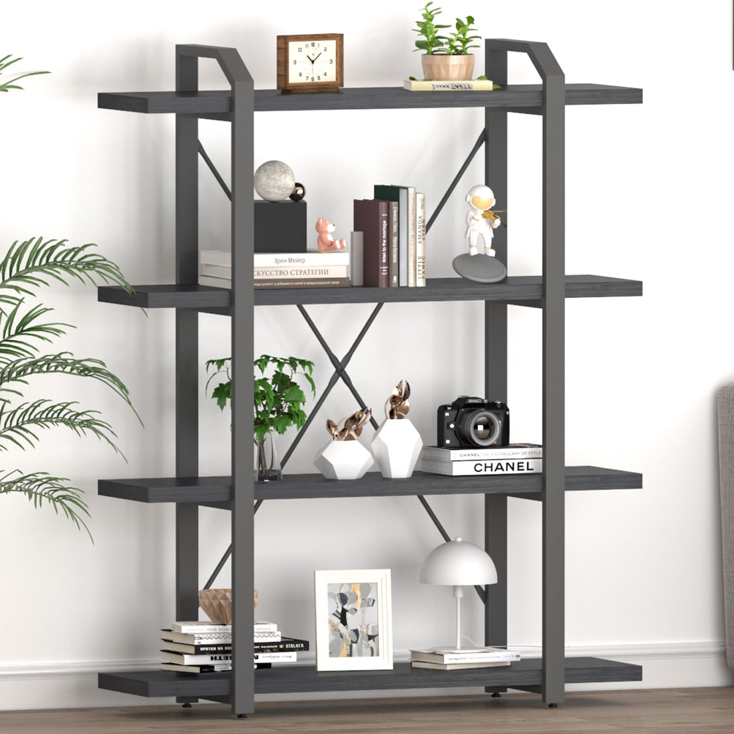 Great Choice Products Rustic Book Shelf, Industrial Bookshelf For Bedroom, Black Open Bookcase, Display Storage Shelf For Home Office, 4 Shelf