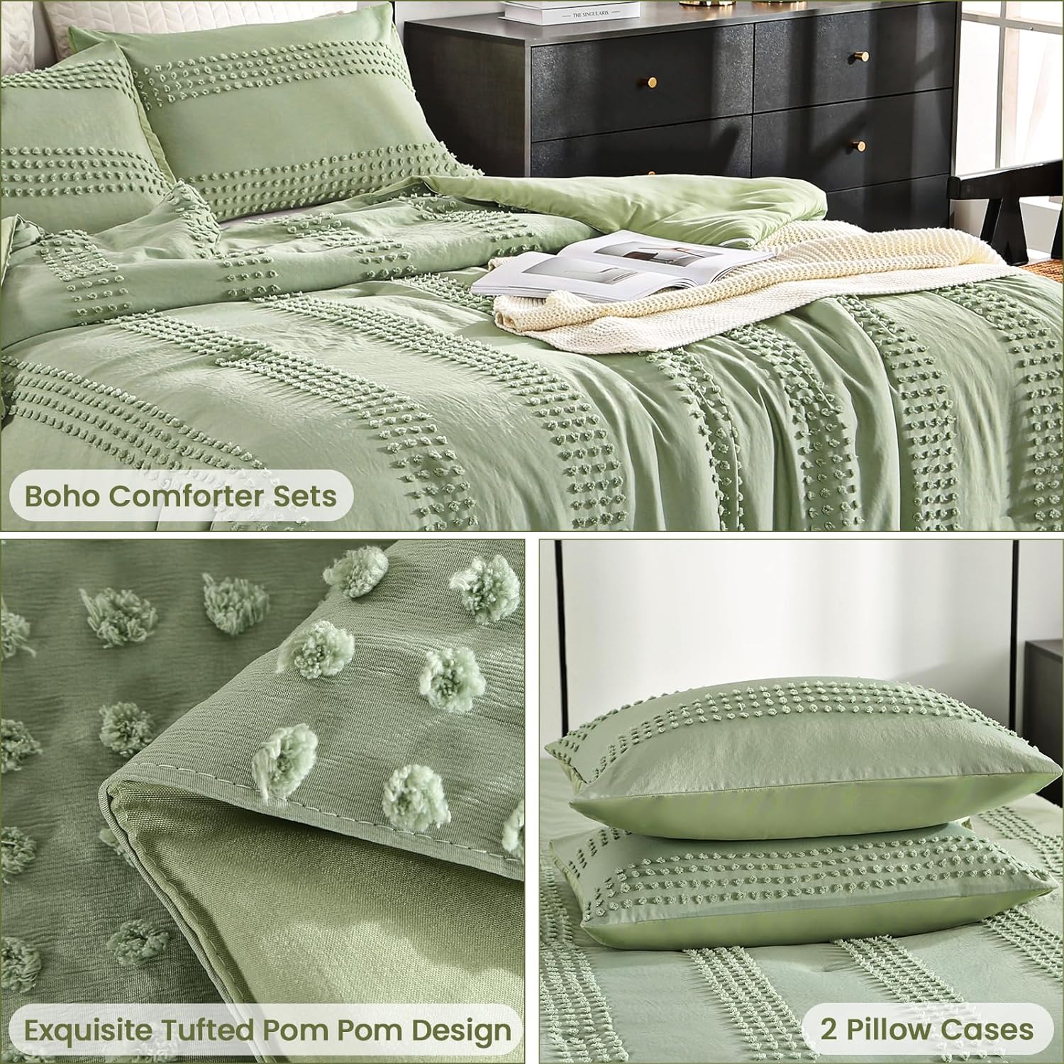 Great Choice Products Sage Green Queen Comforter Set - Boho Bedding Sets Queen Size, 3 Pcs Tufted Comforter With Pom Pom Design For All Season…