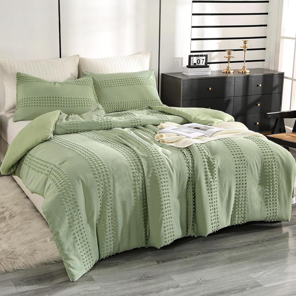 Great Choice Products Sage Green Queen Comforter Set - Boho Bedding Sets Queen Size, 3 Pcs Tufted Comforter With Pom Pom Design For All Season…