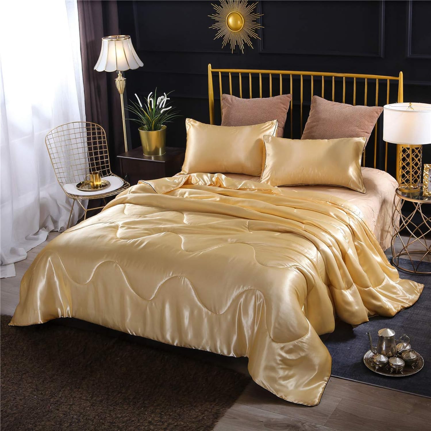 Great Choice Products Sexy Silky Satin Comforter Sets Queen Golden Lightweight Soft Luxury Quilt 3-Pieces Microfiber Bedding Set Yellow (Gold,…