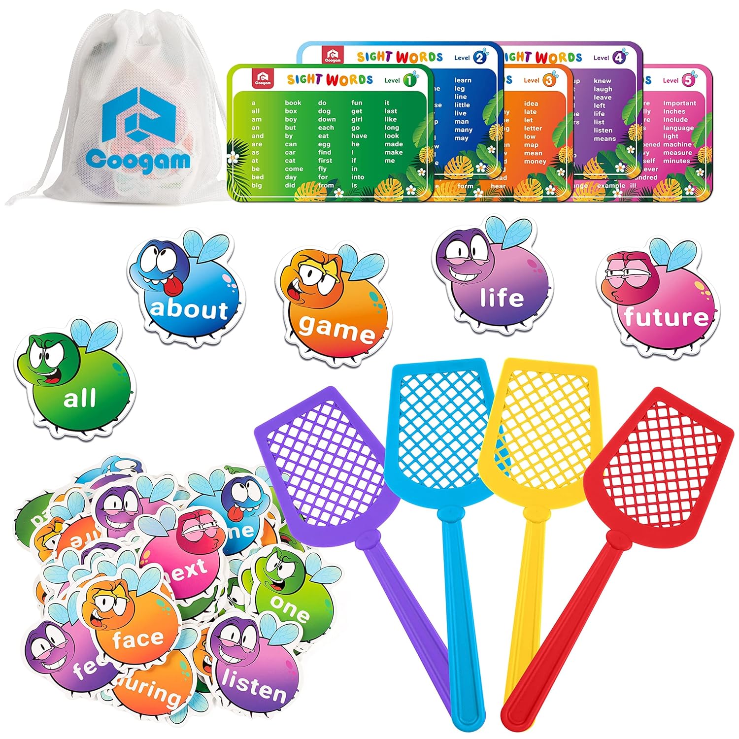 Great Choice Products Sight Words Game With 400 Fry Sight Words And 4 Fly Swatters Set, Dolch Word List Phonics, Literacy Learning Reading Fla…