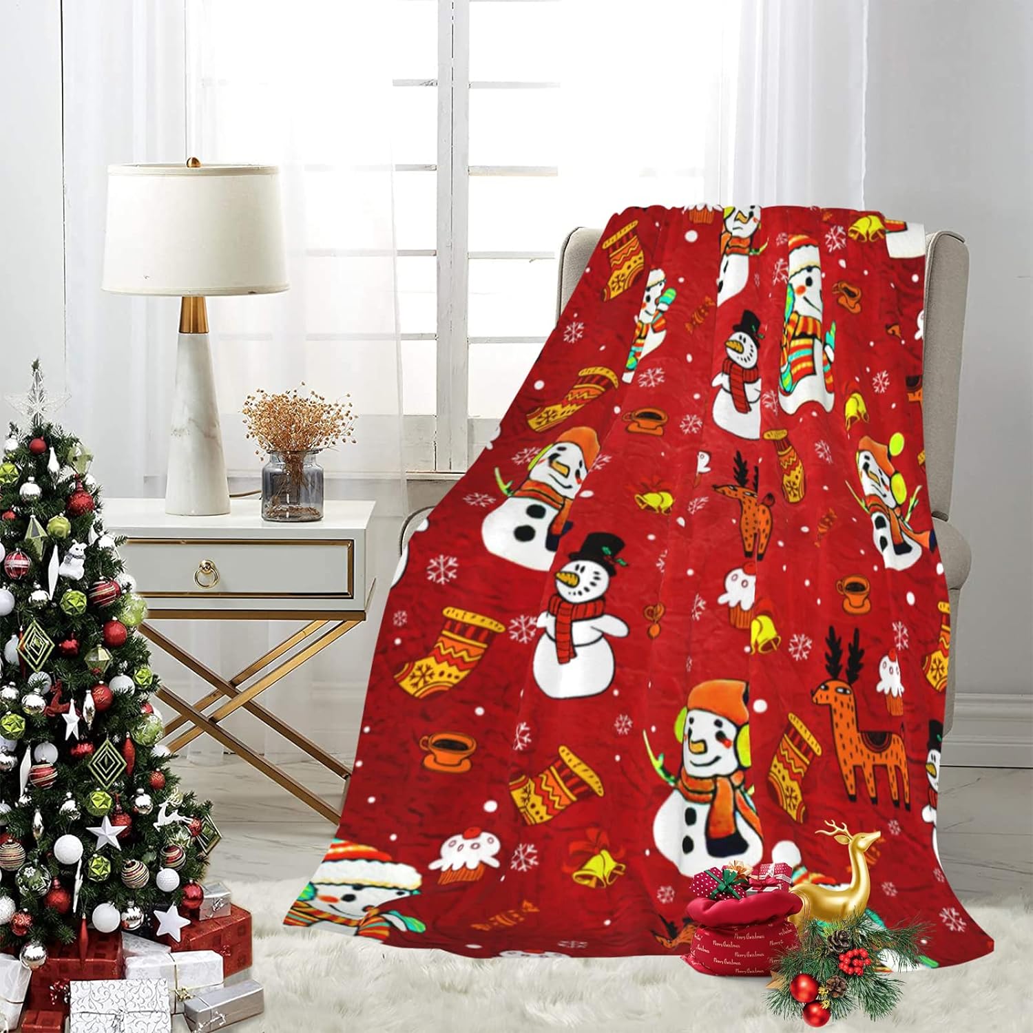 Great Choice Products Soft Plush Christmas Blanket,Christmas Snowman Deer Bell Socks Warm Throw Blanket For Couch, Seasonal Winter Xmas Holida…