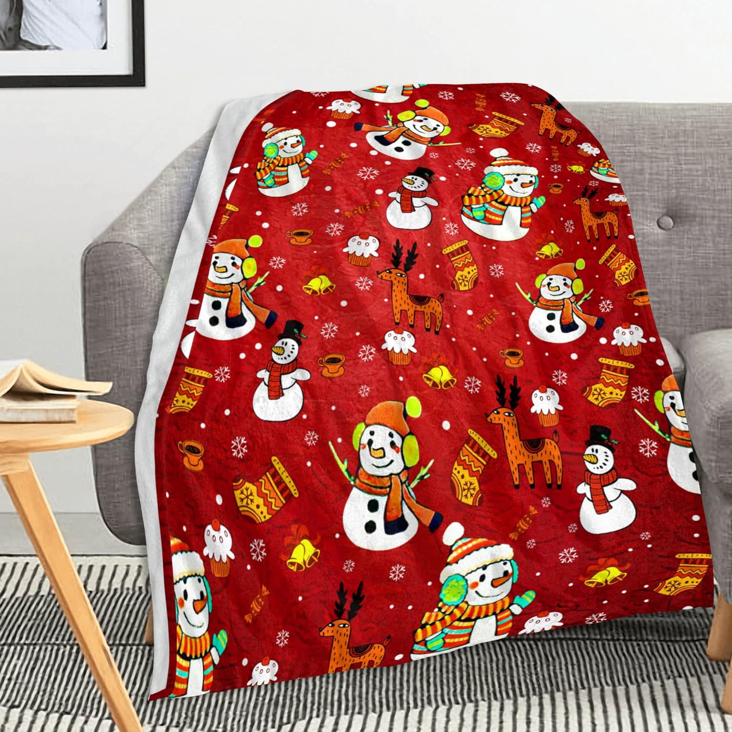 Great Choice Products Soft Plush Christmas Blanket,Christmas Snowman Deer Bell Socks Warm Throw Blanket For Couch, Seasonal Winter Xmas Holida?