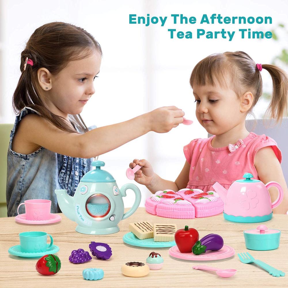 Great Choice Products Toy Tea Set For Little Girls, Kids Tea Party Set Includes Kettle With Light & Music, Teapot, Dessert, Cookies, Play Tea …