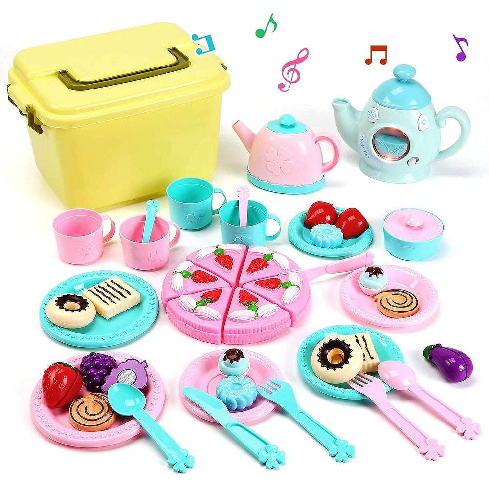 Great Choice Products Toy Tea Set For Little Girls, Kids Tea Party Set Includes Kettle With Light & Music, Teapot, Dessert, Cookies, Play Tea …