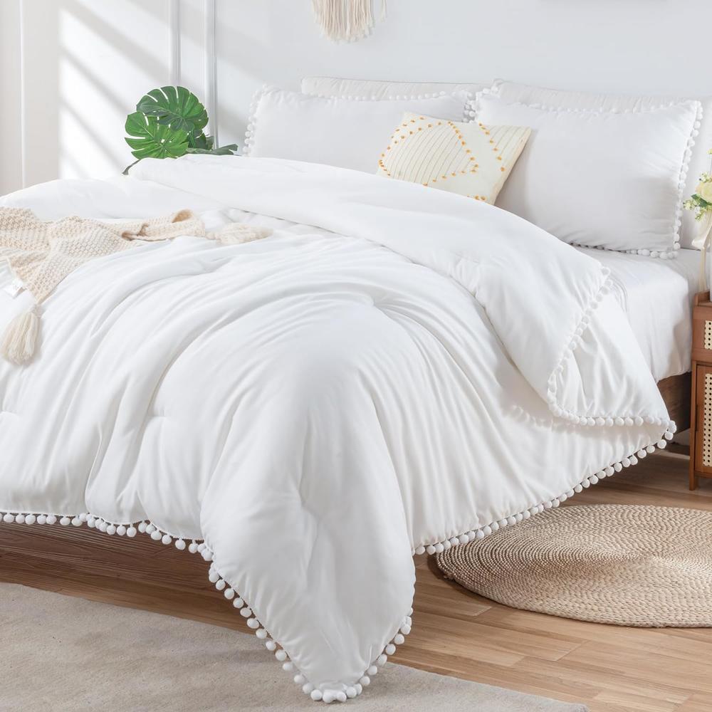 Great Choice Products White Comforter Set Queen Size, 3 Pieces Boho Pom Pom Fringe Bedding Comforters Sets, Soft Lightweight Microfiber Comfor…