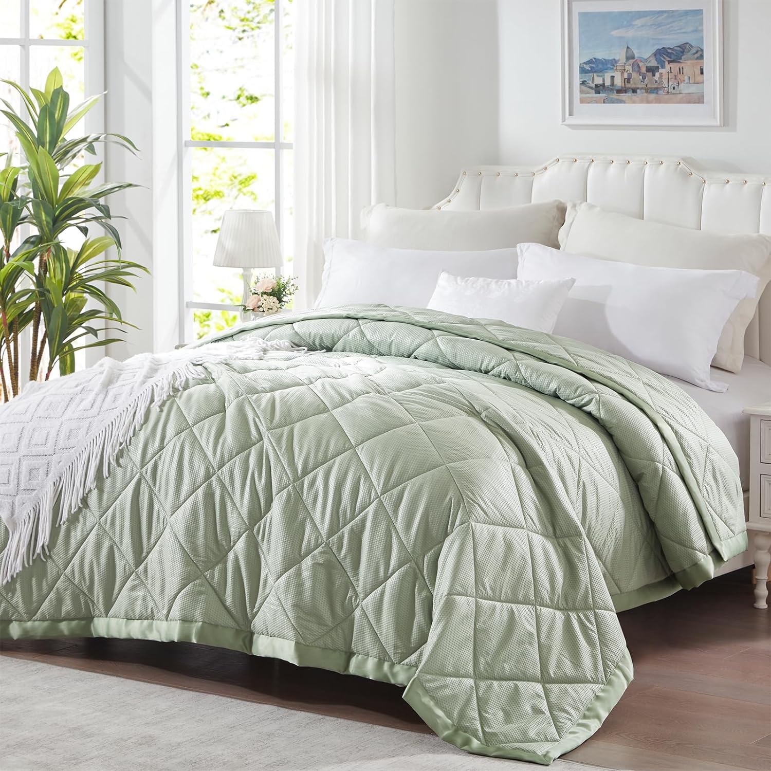 Great Choice Products Queen Size Blanket - Down Alternative Blanket With Satin Trim - Sage Green Summer Lightweight Comforter Luxurious Microf…