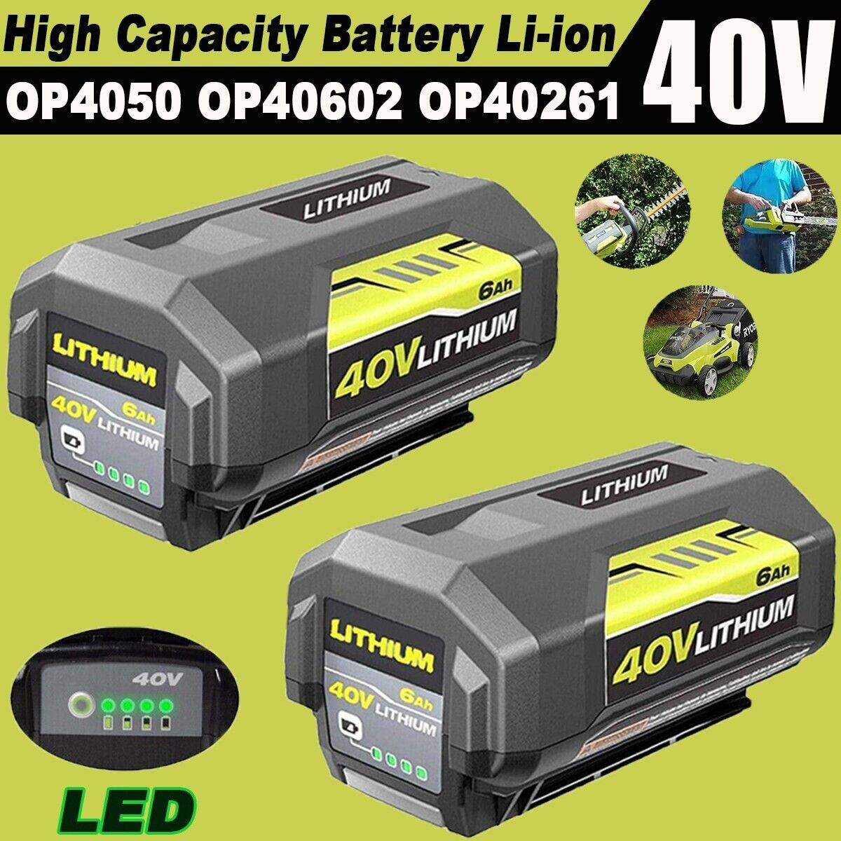 Ryobi 2X 40Volt 6.0Ah Battery For Ryobi OP4050 Extend OP40602 HighCapacity Lithium-Ion