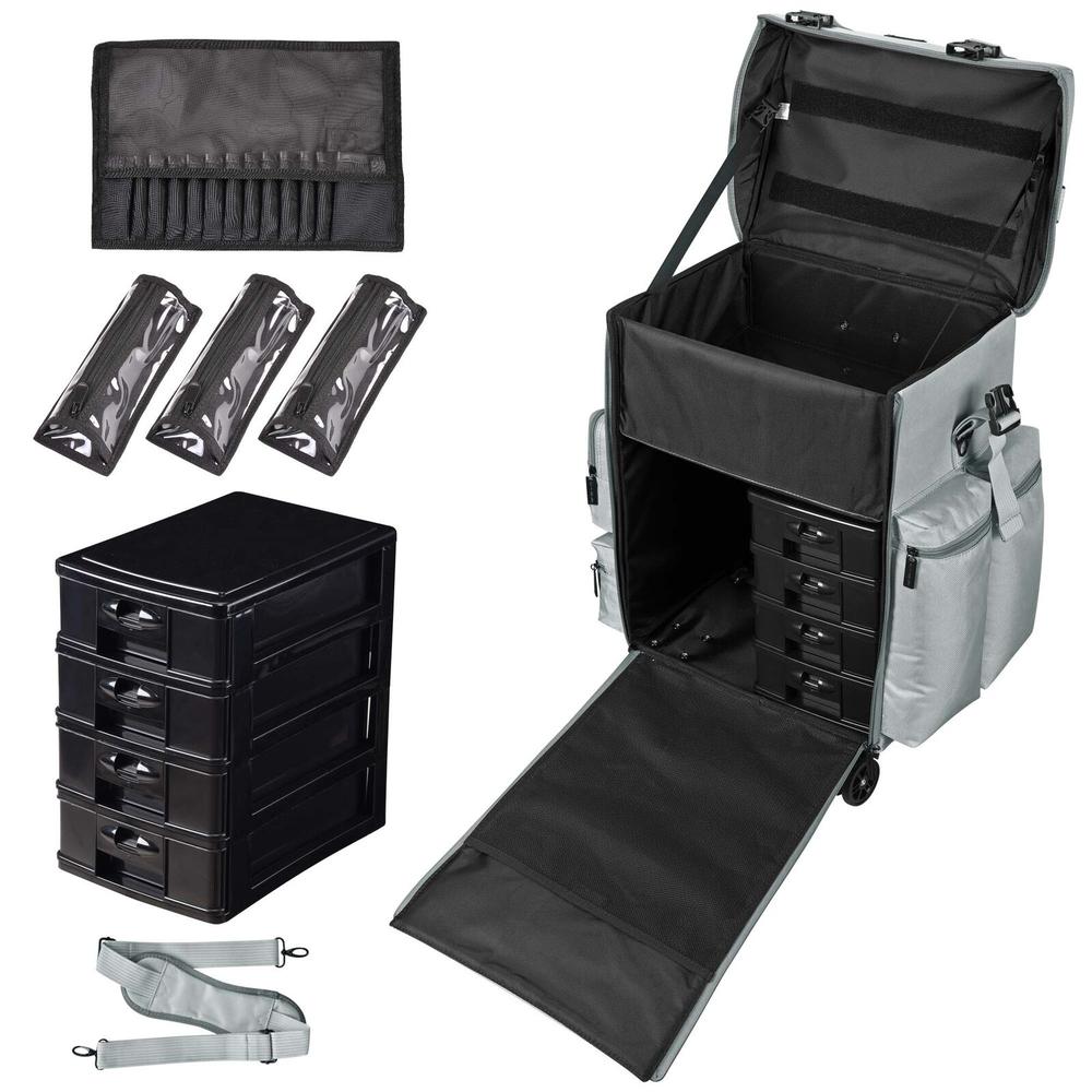 Great Choice Product Grey 2In1 Rolling Makeup Case Soft Sided Cosmetic Organizer Drawers