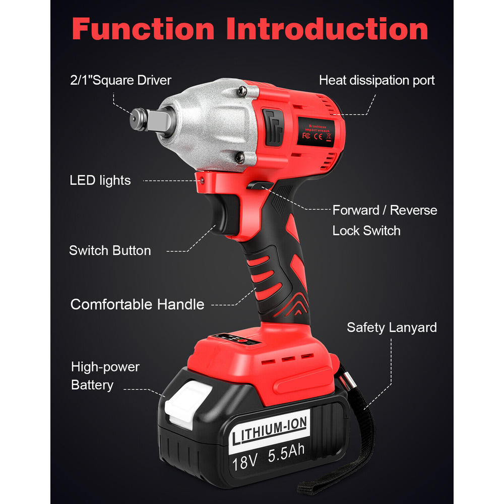 Great Choice Product Cordless Electric Impact Wrench Gun 1/2'' High Power Driver W/2X 5.5Ah Battery