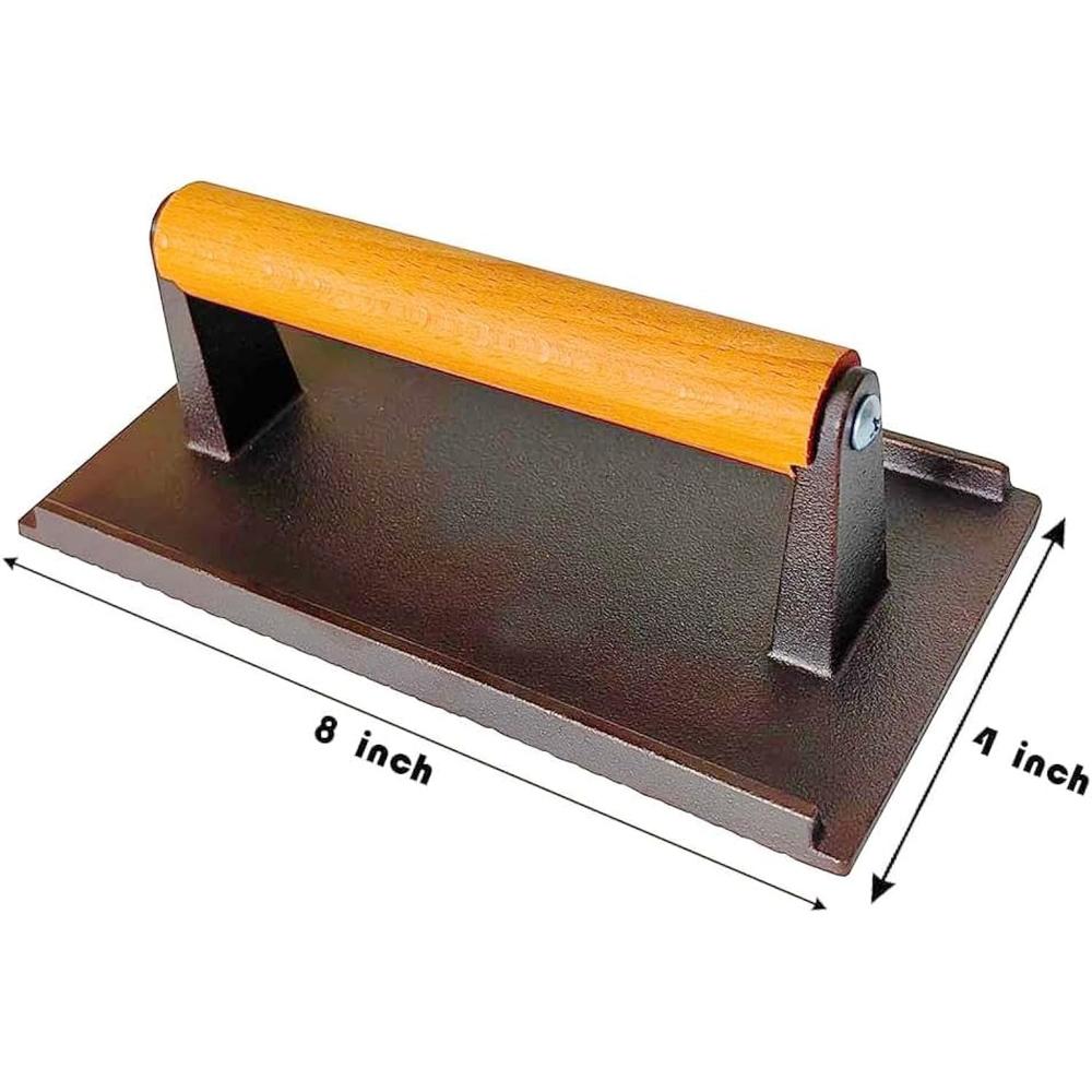 Great Choice Products Rectangle Cast Iron Press Use In Heavy Duty Steak And Burger Press With Wooden Handle For Grills And Griddles Or Flattops