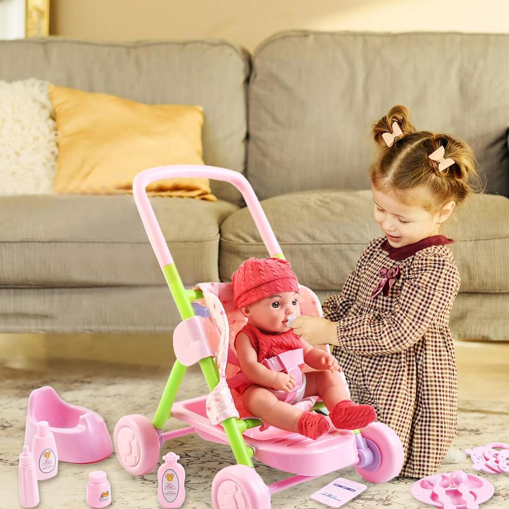 Great Choice Products Baby Doll Stroller Set,12 Inch Doll Playset With Smooth Rolling 11Pcs Baby Doll Accessories - Great Baby Doll Pretend Toy 